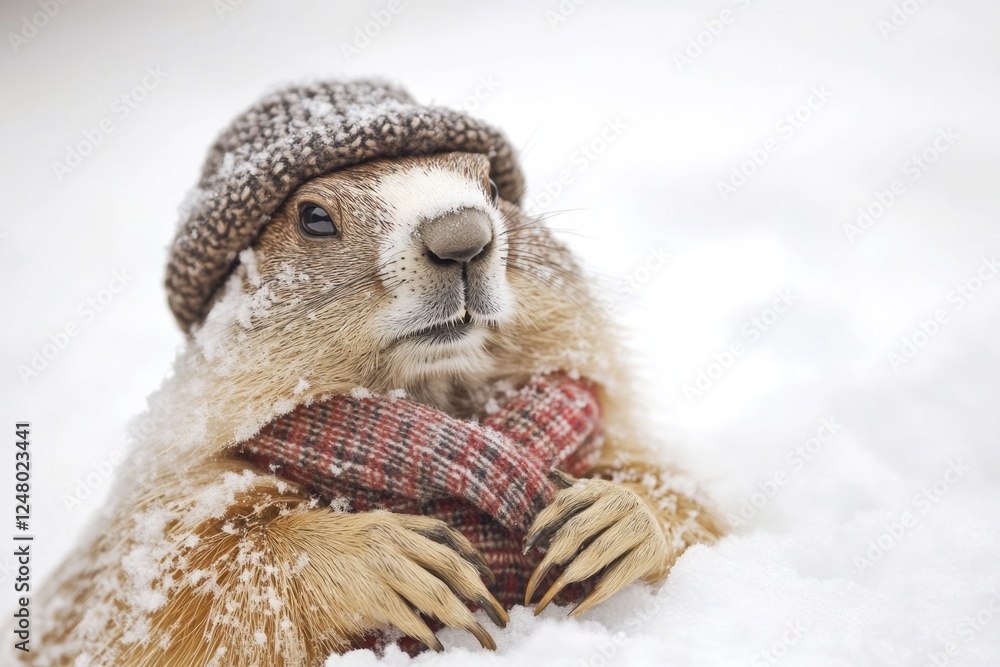 Obraz premium A groundhog wearing a hat and mittens in the snowy environment, perfect for winter-themed illustrations or designs