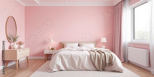 Minimalist pink bedroom with clean lines, soft pastel hues, and chic decor, minimalism, elegant, pink