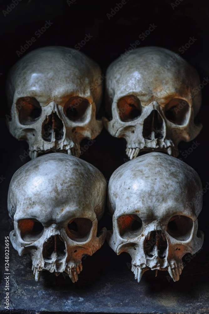 A collection of skulls sits on a table, ready for decoration or use in a themed setting A collection of skulls sits on a table, ready for decoration or use in a themed setting