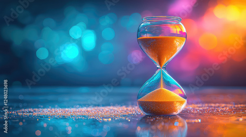 Hourglass with sand slowly dripping, set against a colorful bokeh background.  Reflecting on a shiny surface.