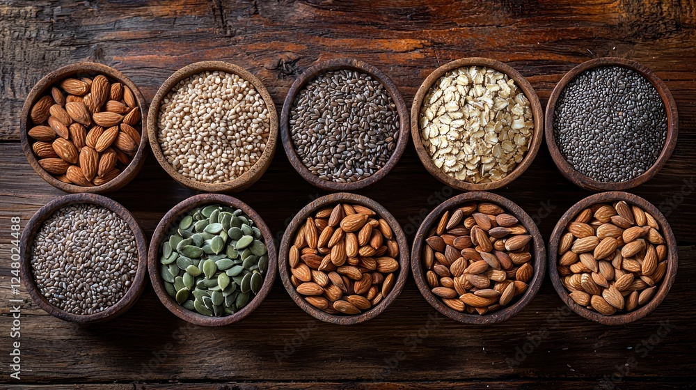 Healthy seeds and nuts on rustic wood, top view Healthy seeds and nuts on rustic wood, top view