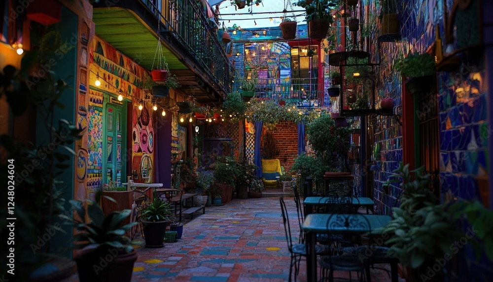 Fototapeta premium Colorful courtyard with greenery and overhead lighting exudes charm