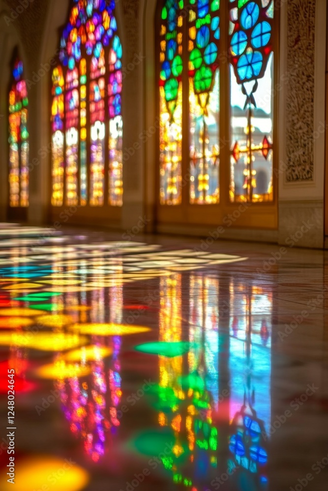 Stained glass mosque interior reflection sunlight prayer Stained glass mosque interior reflection sunlight prayer