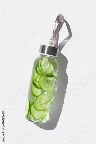 Cucumber water drink detox in glass bottle at sunlight on white background. Wellness, diet, eating healthy concept. Stylish reusable water bottle, eco friendly lifestyle minimal trend photo