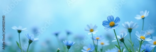 Delicate blue forget-me-nots scattered on a soft blue background, serenity, field, wildflowers