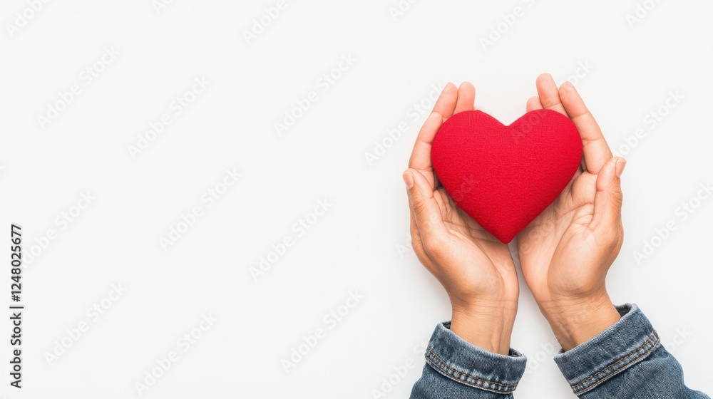 Fototapeta premium 3D hands holding a red heart illustration, symbolizing care, love, and compassion. Perfect for love