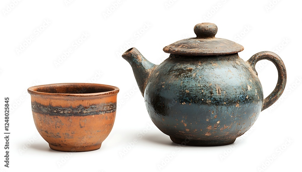 Aged clay teapot and cup on white background Aged clay teapot and cup on white background