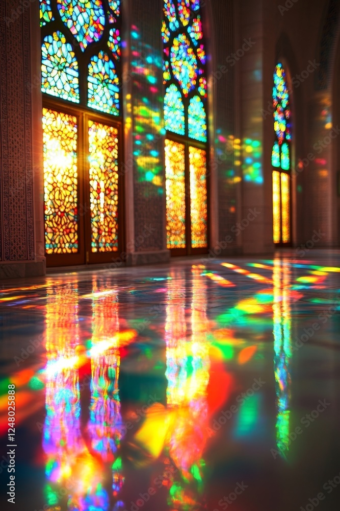 Stained glass mosque sunlight reflection floor interior Stained glass mosque sunlight reflection floor interior