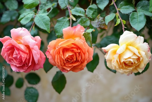 A bouquet of three roses suspended from a tree branch, ideal for decorating or illustration photo