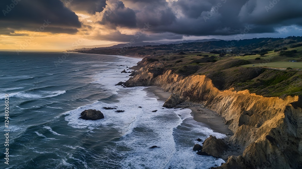 Coastal cliffs at sunset, dramatic ocean waves crashing against rugged rocks, vibrant sky reflecting warm colors, serene atmosphere. Coastal cliffs at sunset, dramatic ocean waves crashing against rugged rocks, vibrant sky reflecting warm colors, serene atmosphere.