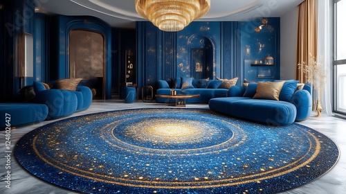 Luxurious Blue Living Room With Celestial Rug Design