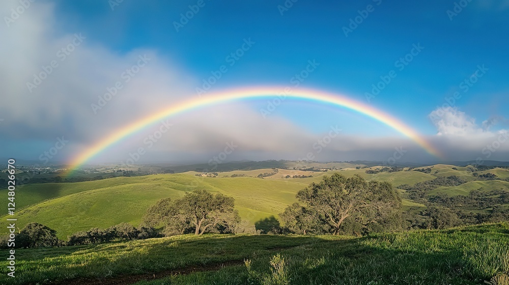 Rainbow Arcing Over Rolling Green Hills And Trees Rainbow Arcing Over Rolling Green Hills And Trees