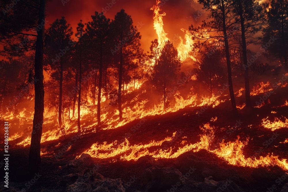 A forest scene with a hill and a fire burning through the trees