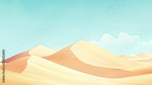 Serene Desert Landscape: An ethereal expanse of sun-kissed sand dunes stretches endlessly under a clear blue sky, inviting contemplation and a sense of peaceful isolation.