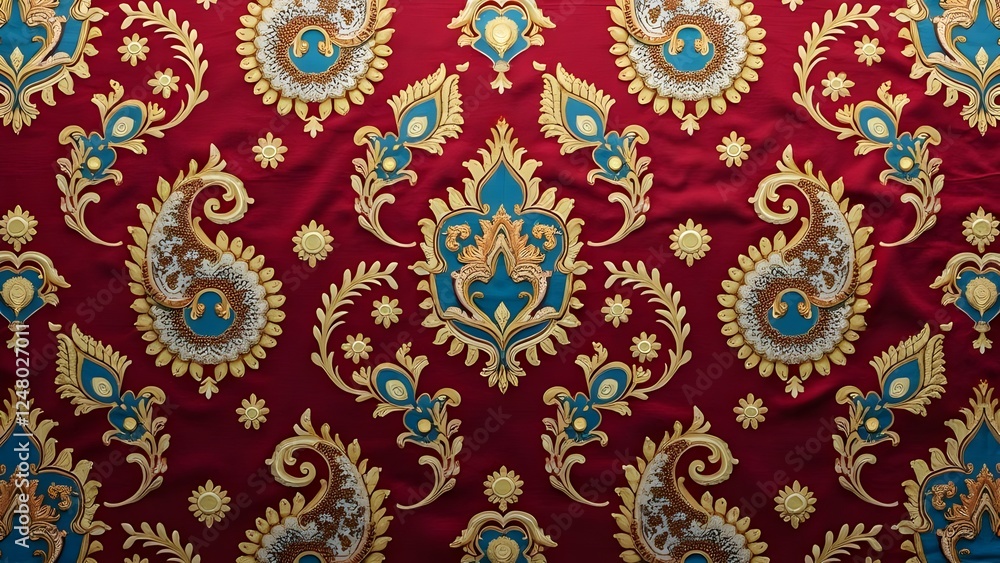 Deep Maroon and Peacock Blue Brocade Pattern with Gold Accents Deep Maroon and Peacock Blue Brocade Pattern with Gold Accents