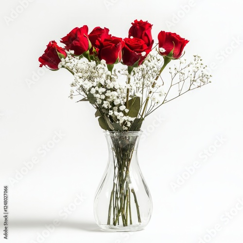 A glass vase holding a mix of red roses and baby’s breath, on isolated white background