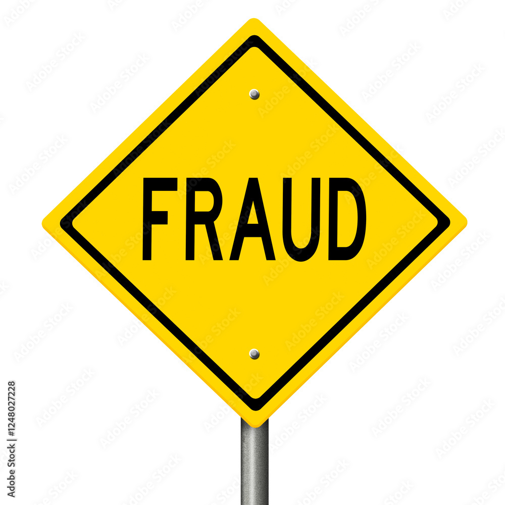 Yellow diamond-shaped highway sign against a white background with large black letters FRAUD Yellow diamond-shaped highway sign against a white background with large black letters FRAUD
