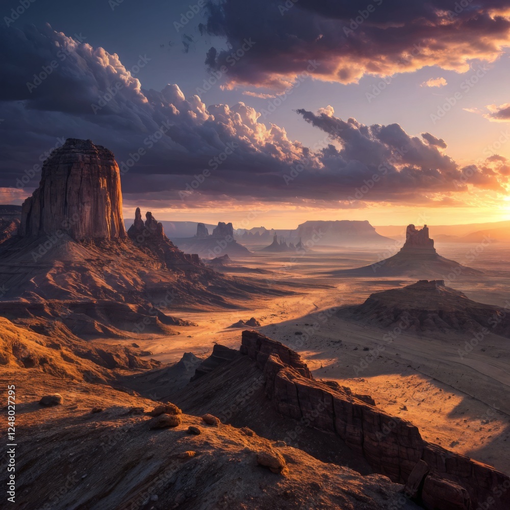Fototapeta premium Monument Valley Sunset Dramatic Landscape Photography, Wide Composition, Golden Hour Light, Desert Scenery, Rock Formations Monument Valley, Landscape Photography