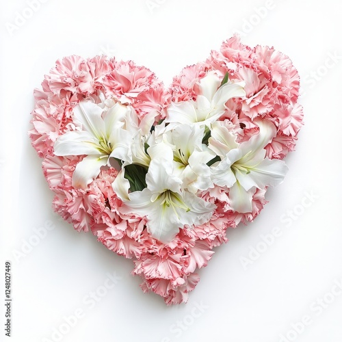 A heart-shaped floral arrangement of pink carnations and white lilies, on isolated white background
