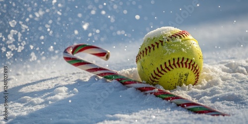 Snowy Softball and Candy Cane Christmas Composition Winter Sports Holiday Image, Soft Focus, Shallow Depth of Field Softball, Christmas