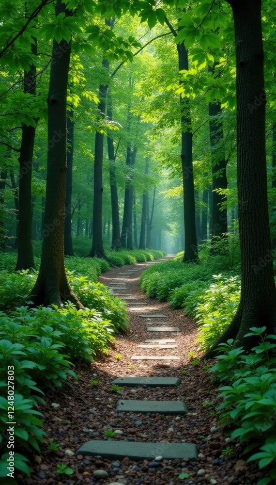 Obraz premium A winding stone pathway through a forest of trees, stone, nature, pathway