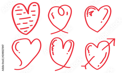 Set of hand-drawn hearts in brush. Red love heart clip art icon hand drawn collection in doodle sketch graphic. vector illuustration