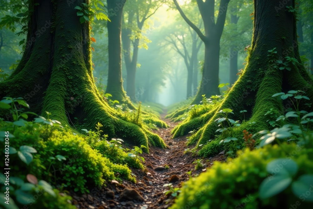 Fototapeta premium A vast, moss-covered forest floor with overgrown vegetation, plants, natural textures