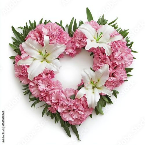 A heart-shaped floral arrangement of pink carnations and white lilies, on isolated white background