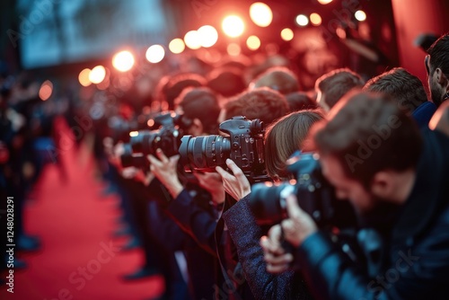 Group of people taking photos on the red carpet, suitable for event or celebrity coverage
