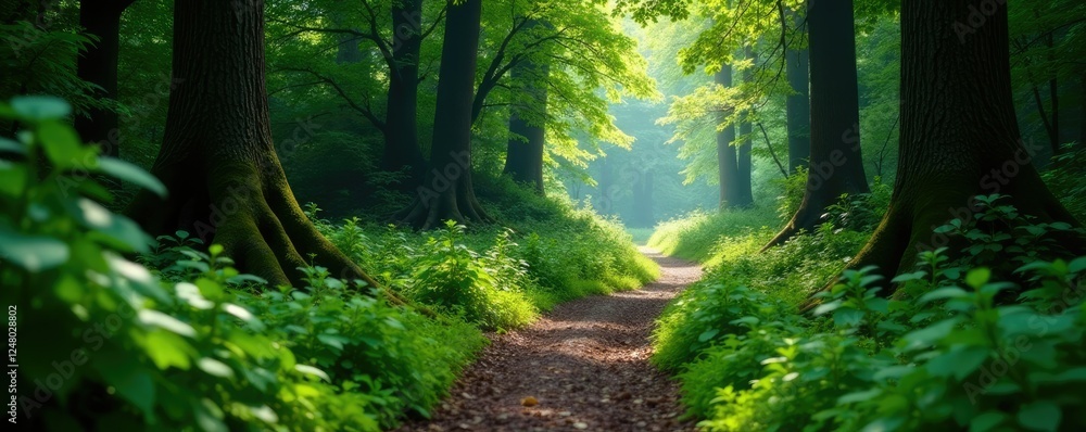 Obraz premium A solitary forest path winds through dense foliage, woodland, pathway, trail