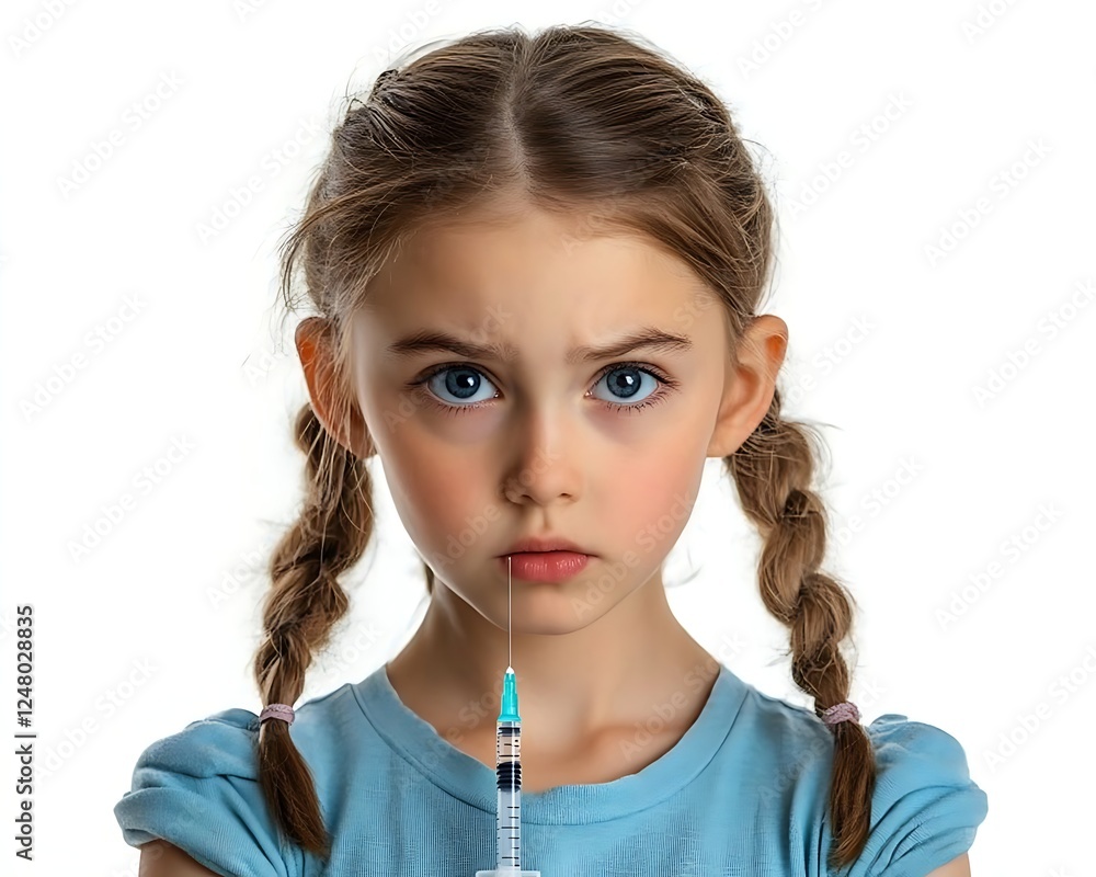Child with syringe, serious expression, studio shot Child with syringe, serious expression, studio shot