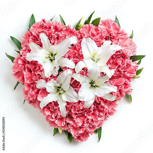 A heart-shaped floral arrangement of pink carnations and white lilies, on isolated white background