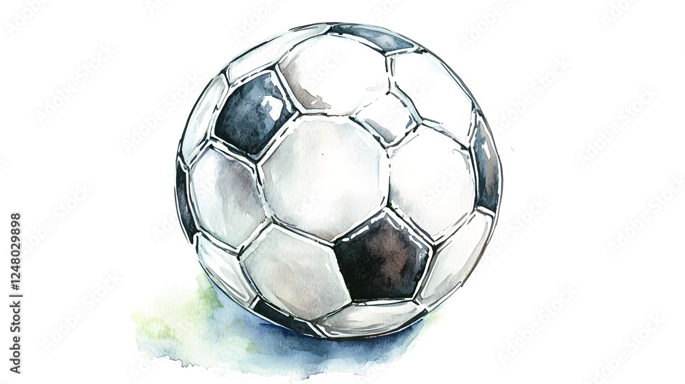 Naklejka premium Watercolor painting depicts a black and white soccer ball