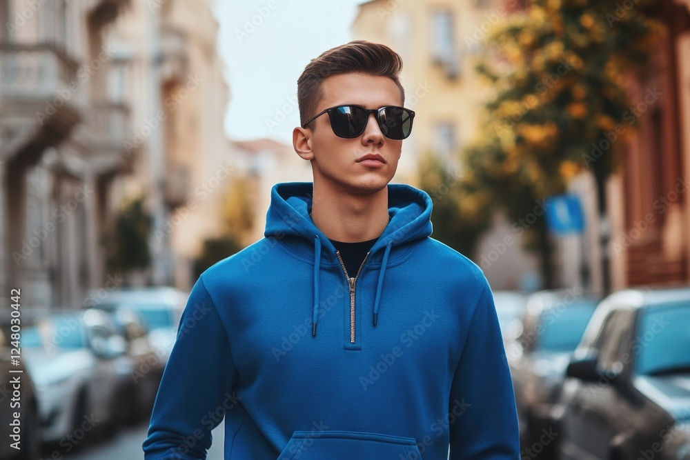 A young man wearing a blue hoodie and sunglasses, possibly waiting for something or just enjoying the moment A young man wearing a blue hoodie and sunglasses, possibly waiting for something or just enjoying the moment