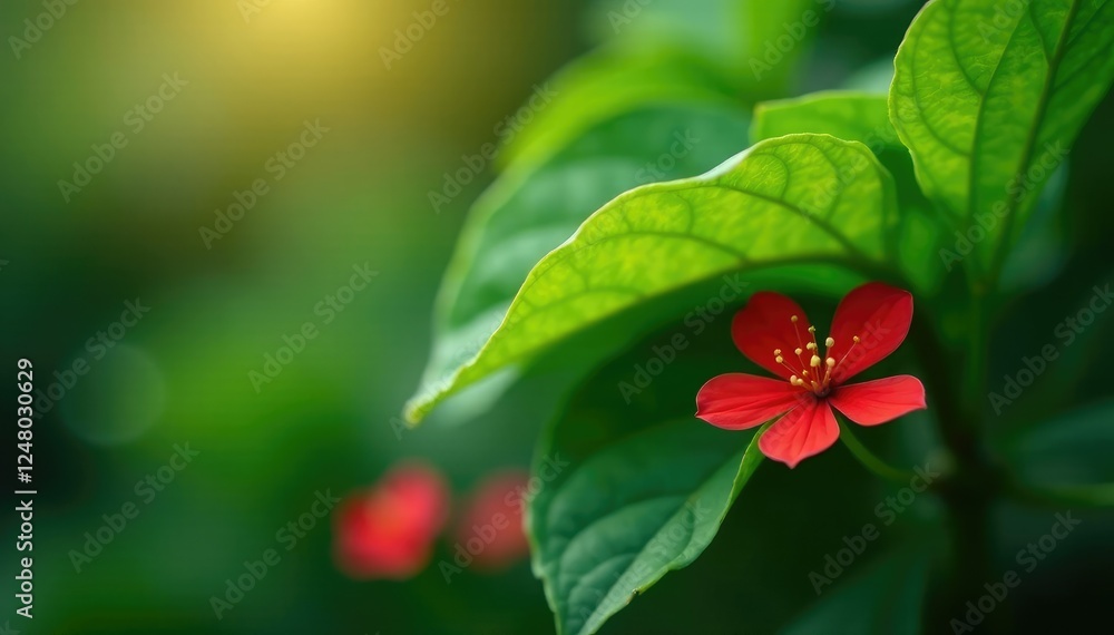 Tiny red petals peeking from under the green leaf, flowers in leaves, nature Tiny red petals peeking from under the green leaf, flowers in leaves, nature