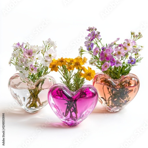 A set of three small heart-shaped flower arrangements in matching vases, on isolated white background