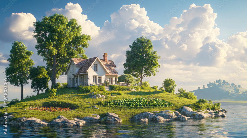 Obraz premium Beautiful House on a Floating Island Surrounded by Lush Greenery and Water