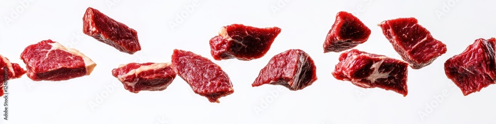 Pieces of meat in mid-air, likely from a butcher or kitchen accident Pieces of meat in mid-air, likely from a butcher or kitchen accident