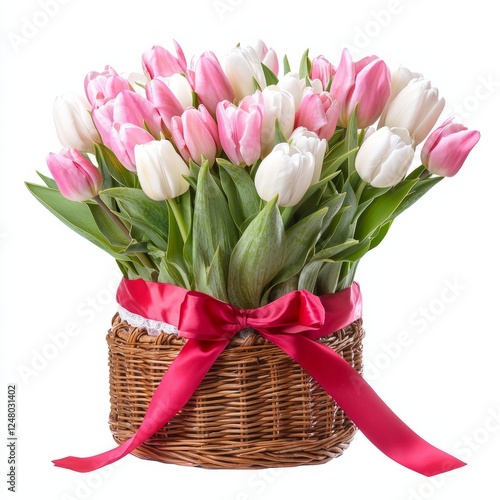 A wicker basket filled with pink and white tulips tied with a red ribbon, on isolated white background