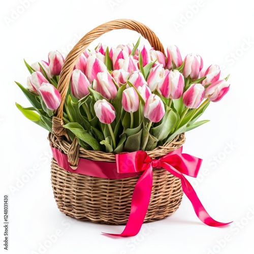 A wicker basket filled with pink and white tulips tied with a red ribbon, on isolated white background