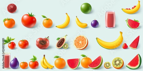 Wallpaper Mural Fresh and vibrant 3D vector icons of orange, kiwi, banana, tomato, watermelon, papaya, and juice splashes, fruits, tomato, fresh Torontodigital.ca