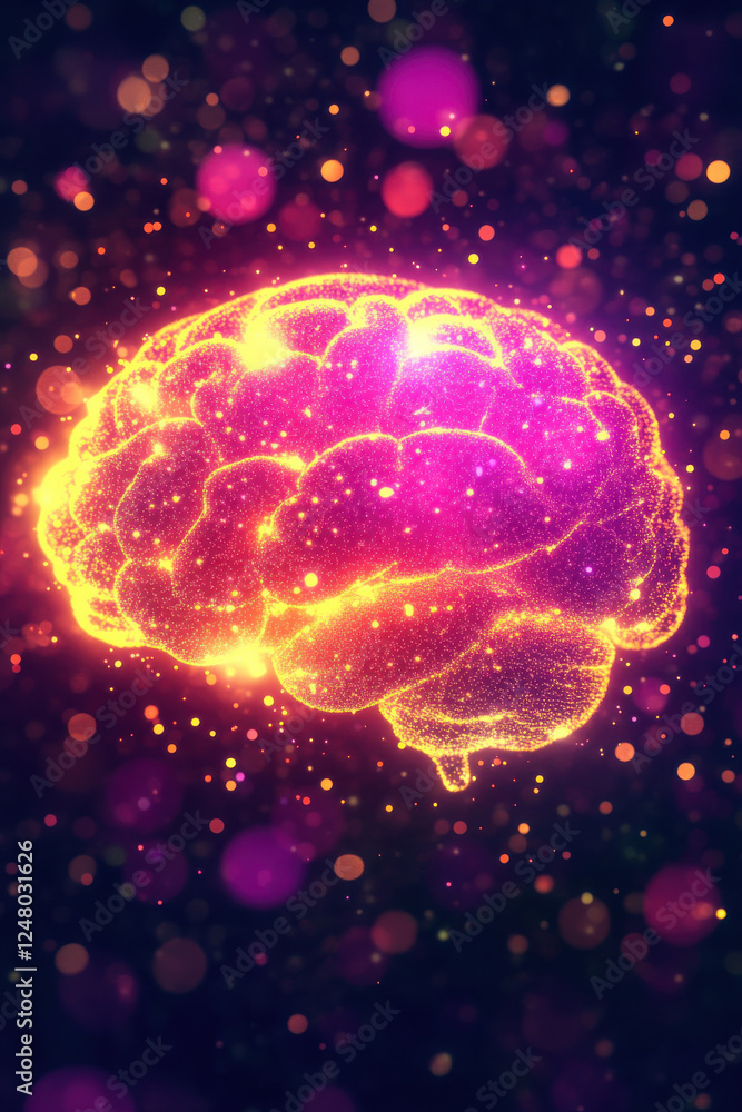 Yellow and pink glowing spheres putting together in a shape of human brain Yellow and pink glowing spheres putting together in a shape of human brain