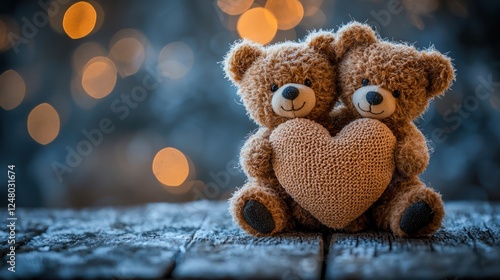 Two teddy bears holding a heart on a wooden surface.