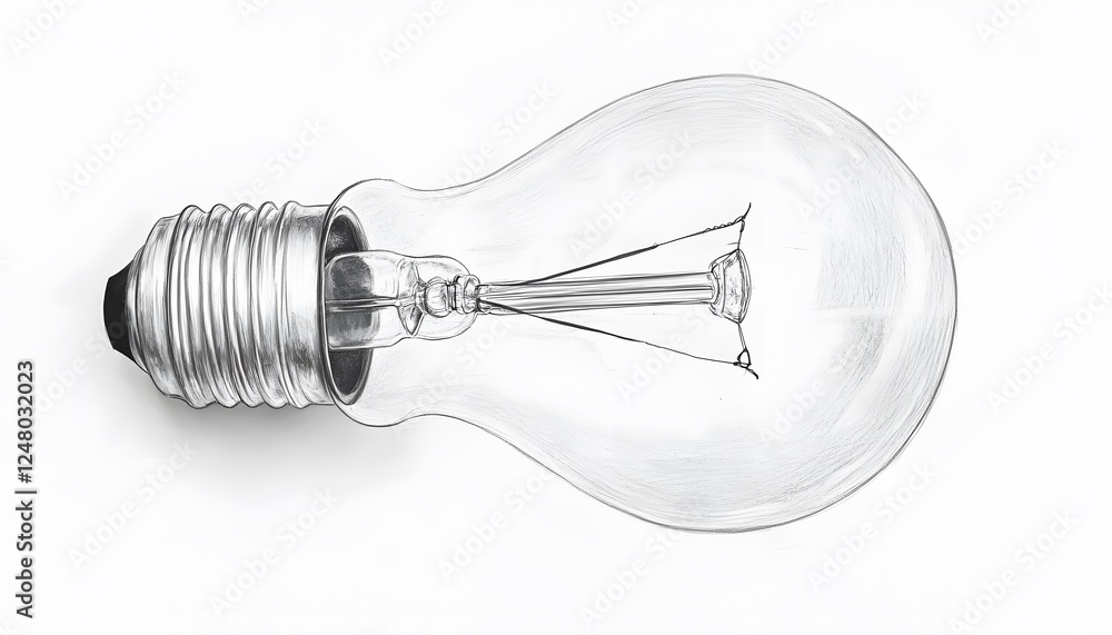 Graphite pencil drawing portrays a clear incandescent light bulb object Graphite pencil drawing portrays a clear incandescent light bulb object