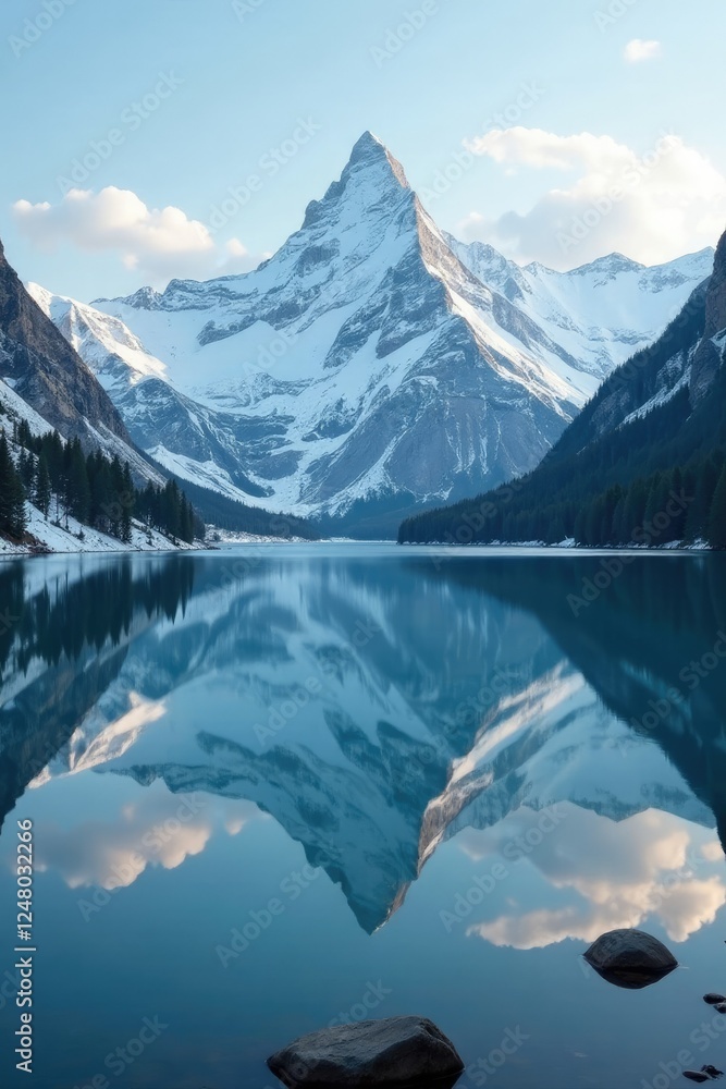 Fototapeta premium Snow-covered mountains reflected in a calm lake, reflection, serene