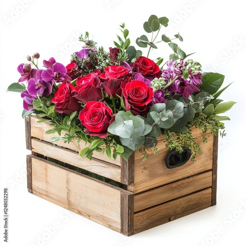 A wooden crate filled with red roses, purple orchids, and greenery, on isolated white background