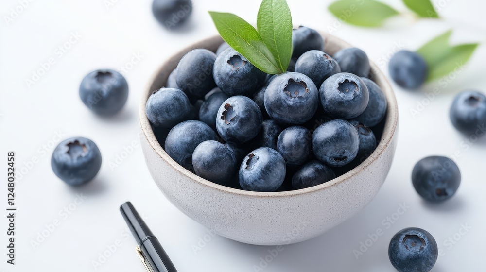 Fresh Blueberry Bowl: A close-up image of a white bowl overflowing with plump, juicy blueberries, their deep blue hue accentuated by vibrant green leaves. Fresh Blueberry Bowl: A close-up image of a white bowl overflowing with plump, juicy blueberries, their deep blue hue accentuated by vibrant green leaves.