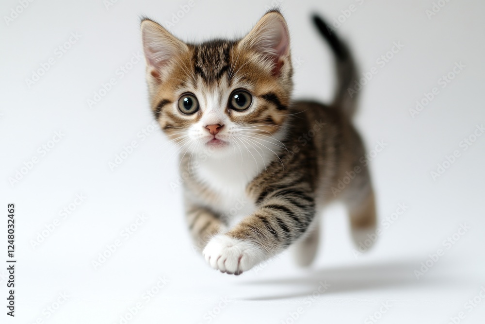 A small kitten runs across a white surface A small kitten runs across a white surface