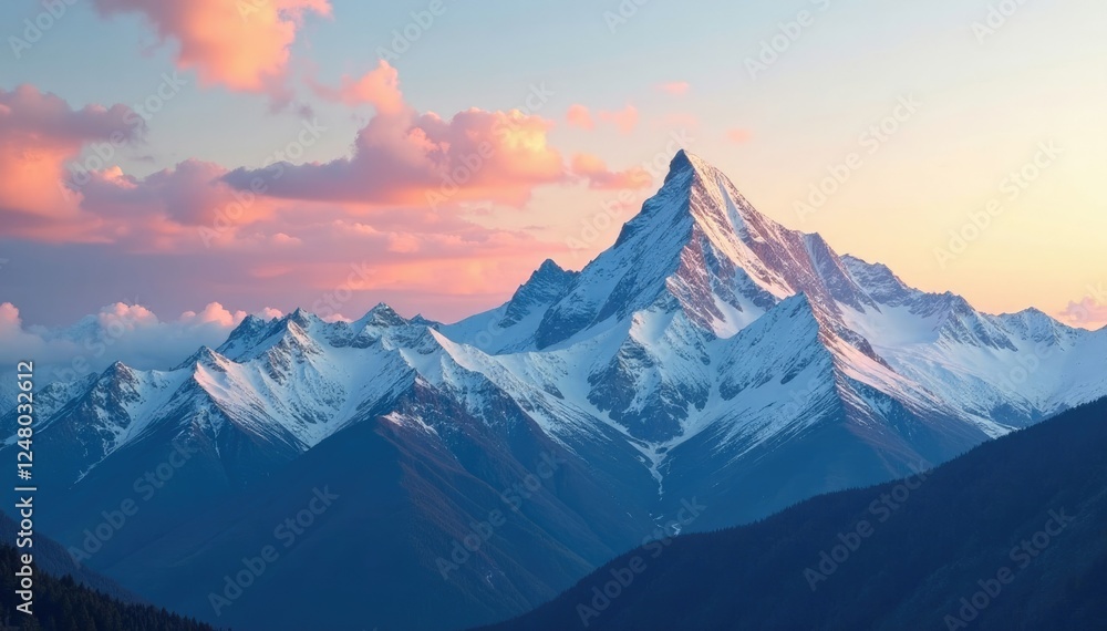 Fototapeta premium Snow-capped peak with wispy clouds and golden light, landscape, serene