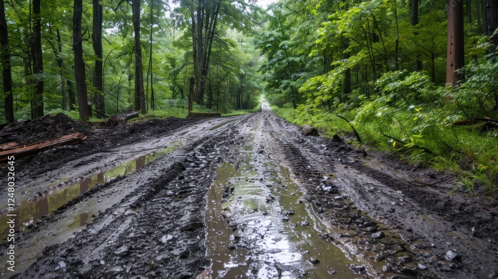 The road conditions were bad in the middle of a muddy and rocky forest. AI generated The road conditions were bad in the middle of a muddy and rocky forest. AI generated